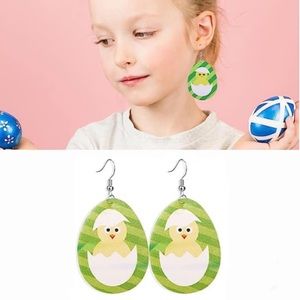 3/$15 Easter Spring Chick in Egg Green Striped Easter Egg Faux Leather Earrings